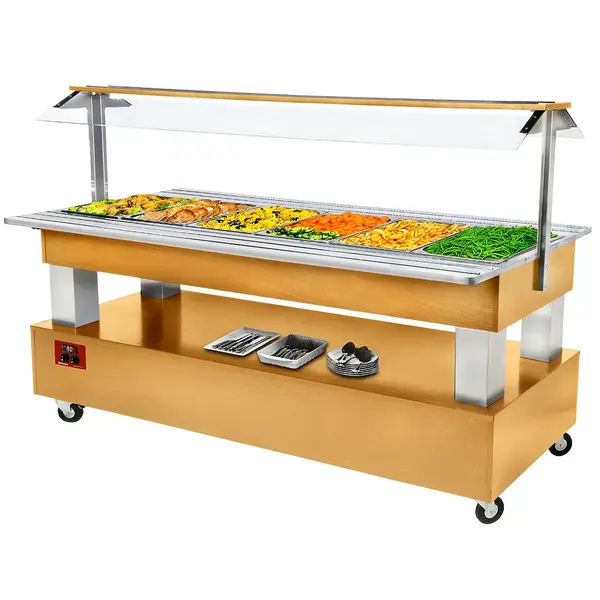 Verwarmd Buffet | GOURMET LINE | Hout/RVS | 6x 1/1 GN | 20°C/90°C | Bain-Marie | Verlichte Kap | Wielen (Geremd) | 2092x950x1370(h)mm