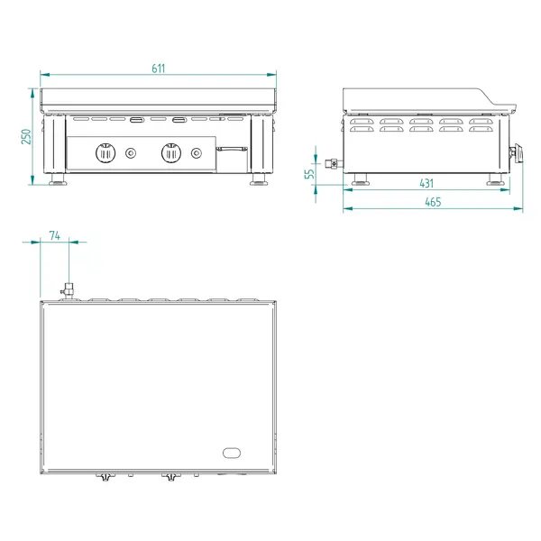 Bak-/Grillplaat | Gas | Glad Oppervlak 580x380 (RVS) | ≤300°C | 5.5kW | Piëzo Ontsteking | 611x465x250(h)mm