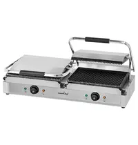 CaterChef Contact-/Paninigrill | Dubbel | Gegroefd Oppervlak 2x 345x235 (Gietijzer) | 50°C/300°C | 4.4kW (2x 230V) | 840x325x193(h)mm