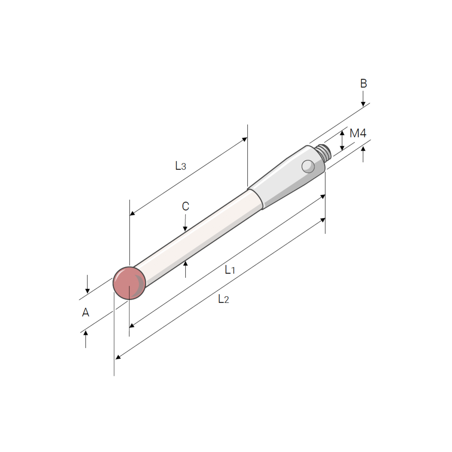 Taststift M4 Mit 4mm Rubinkugel, Hartmetallschaft, Länge 50 Mm – Für Koordinatenmessgeräte (KMG)