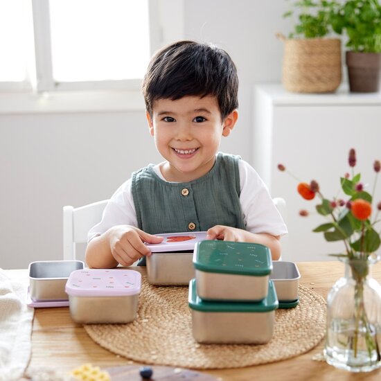 Lässig Lässig RVS snackboxes 3-delig  - Happy Rascals Smile Green