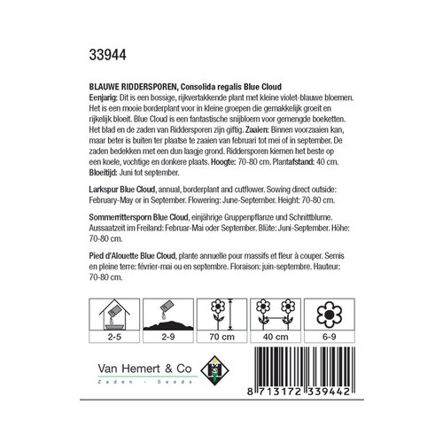 Van Hemert & Co Zaden Blauwe Riddersporen - Consolida Regalis Blue Cloud
