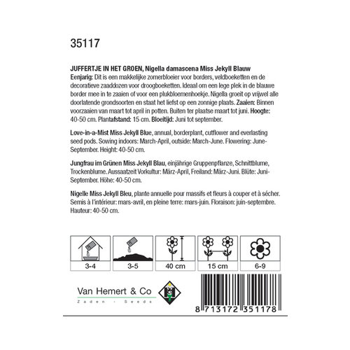 Van Hemert & Co Zaden Juffertje in het groen - Nigella damascena 'Miss Jekyll Blauw' Van Hemert & Co Zaden Juffertje in het groen - Nigella damascena 'Miss Jekyll Blauw'