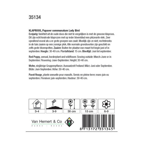 Van Hemert & Co Zaden Klaproos - Papaver commutatum Lady Bird Van Hemert & Co Zaden Klaproos - Papaver commutatum Lady Bird
