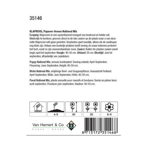 Van Hemert & Co Zaden Klaproos - Papaver National Mix Van Hemert & Co Zaden Klaproos - Papaver National Mix