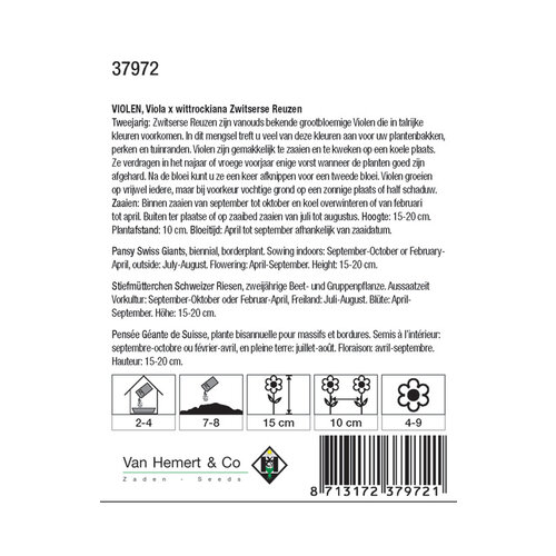 Van Hemert & Co Zaden Violen - Viola x wittrockiana Zwitserse Reuzen Van Hemert & Co Zaden Violen - Viola x wittrockiana Zwitserse Reuzen