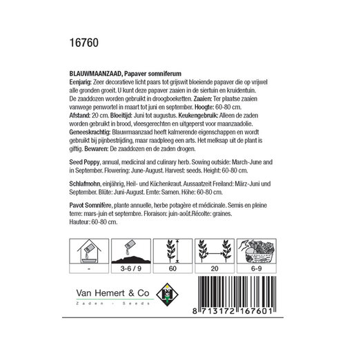 Van Hemert & Co Zaden Blauwmaanzaad - Papaver Somniferum Van Hemert & Co Zaden Blauwmaanzaad - Papaver Somniferum