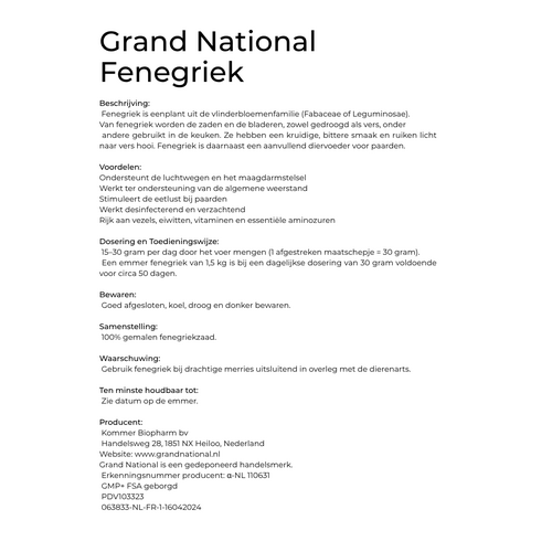 Grand National Grand National Fenegriek 1,5 kg | Natuurlijk Supplement voor Paarden Grand National Grand National Fenegriek 1,5 kg | Natuurlijk Supplement voor Paarden