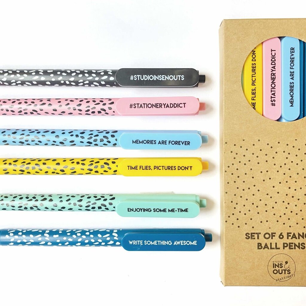 Studio Ins & Outs Studio Ins & Outs: Pennenset | Set van 6 gekleurde pennen | Fancy pennen set | balpen