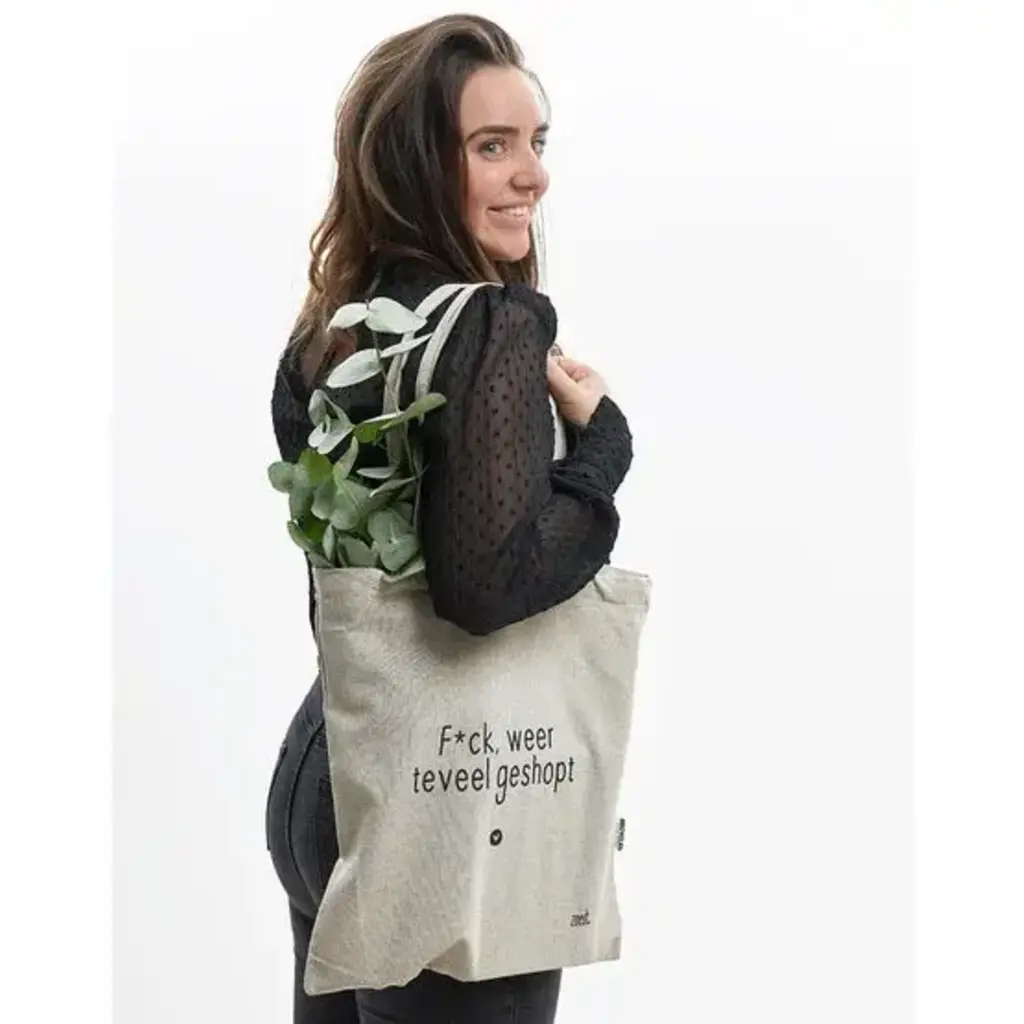 Zoedt Zoedt: Duurzame beige katoenen tas met tekst 'F*ck weer teveel geshopt' - van gerycled materiaal
