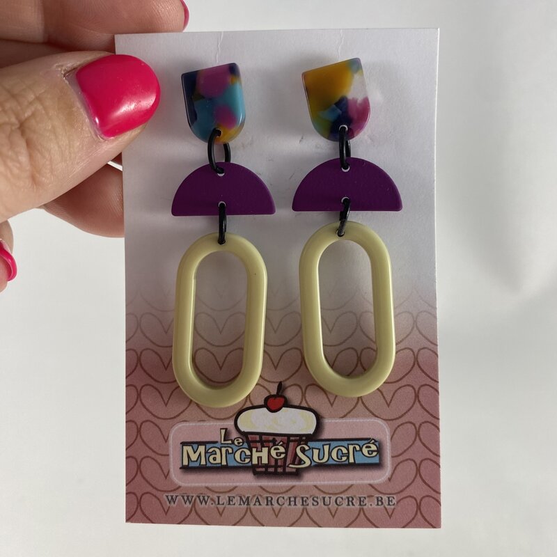 le marché sucré Le marché sucré (s): oorbellen  - printje, paars en gebroken wit
