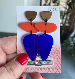 le marché sucré Le marché sucré: oorbellen  - hout, fluo oranje en blauw