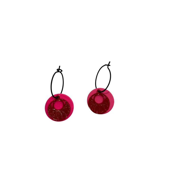 le marché sucré Le marché sucré: oorbellen - creool fluo roze + cirkel blaadjes rood
