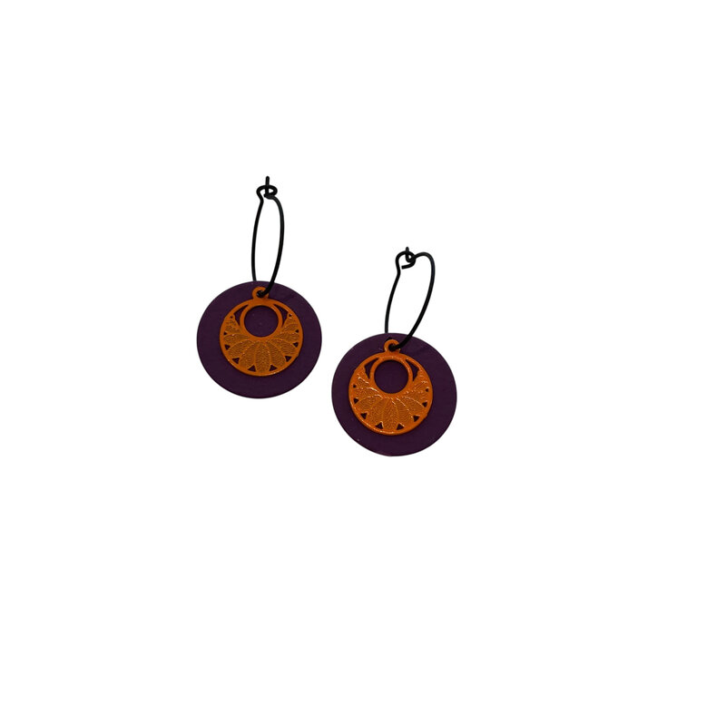 le marché sucré Le marché sucré: oorbellen - creool aubergine  + cirkel blaadjes oranje