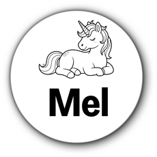5 ronde naamstickers - naam + unicorn