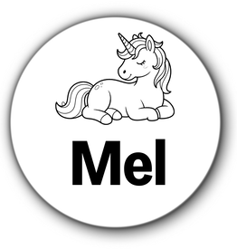 5 ronde naamstickers - naam + unicorn