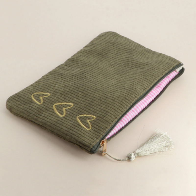 geen merk Etui | ritstasje - 3 hartjes - kaki