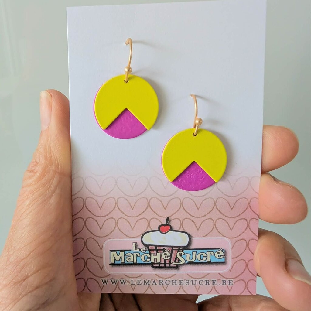 le marché sucré Le marché sucré: oorbellen - fluo geel, felpaars en goud