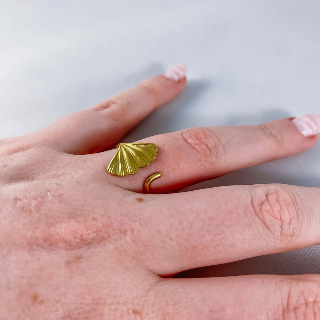 le marché sucré Verstelbare ring in roestvrij staal - Ginkgo blad