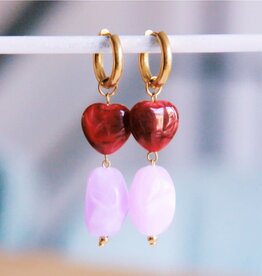 Bazou Bazou: oorbellen - Brede oorringen met nugget en hartje - lila/bordeaux