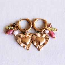 Bazou Bazou: oorbellen - RVS oorringen met HART en gekleurd cluster