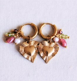 Bazou Bazou: oorbellen - RVS oorringen met HART en gekleurd cluster