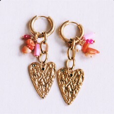 Bazou Bazou: oorbellen - Brede RVS ring met ketting, hart en cluster - roze/oranje