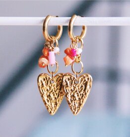 Bazou Bazou: oorbellen - Brede RVS ring met ketting, hart en cluster - roze/oranje