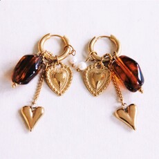 Bazou Bazou: oorbellen - Brede RVS ring met ketting, hart en cluster - roze/oranje