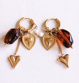 Bazou Bazou: oorbellen - Brede RVS ring met ketting, hart en cluster - roze/oranje