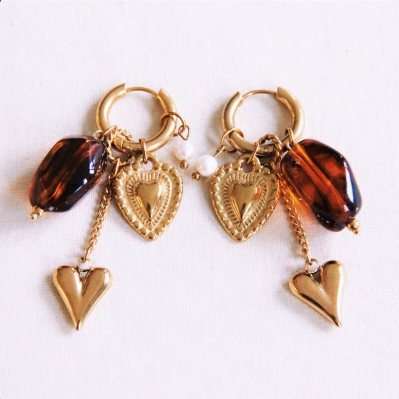 Bazou Bazou: oorbellen - Brede RVS ring met ketting, hart en cluster - roze/oranje