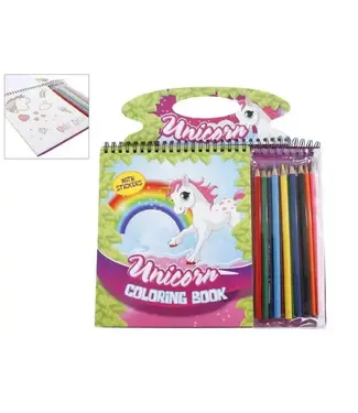 Unicorn Kleurboek met 12 kleurpotloden, sjablonen en stickers 21x26cm