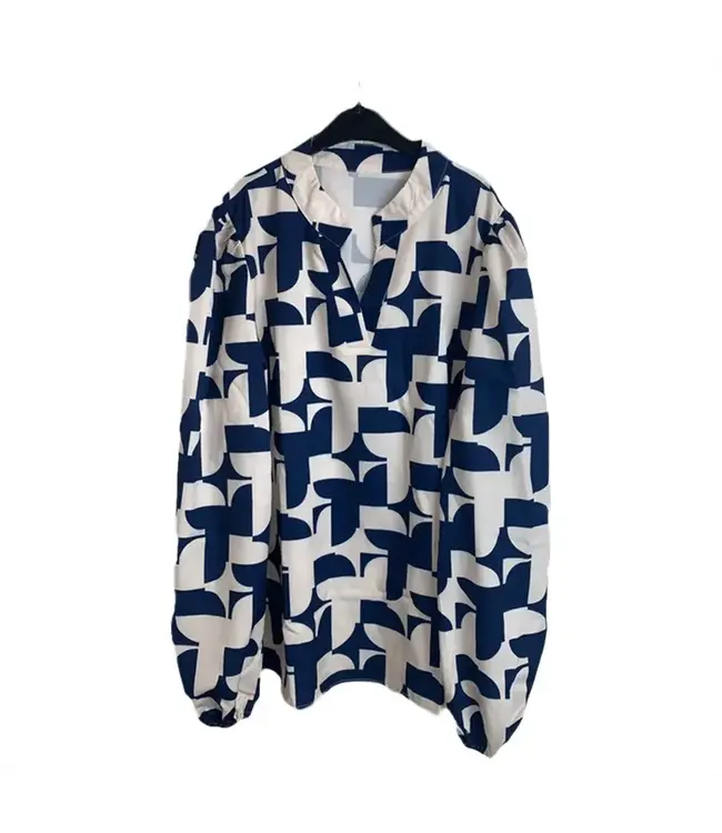 Blauwe Dames Blouse Met Witte Print