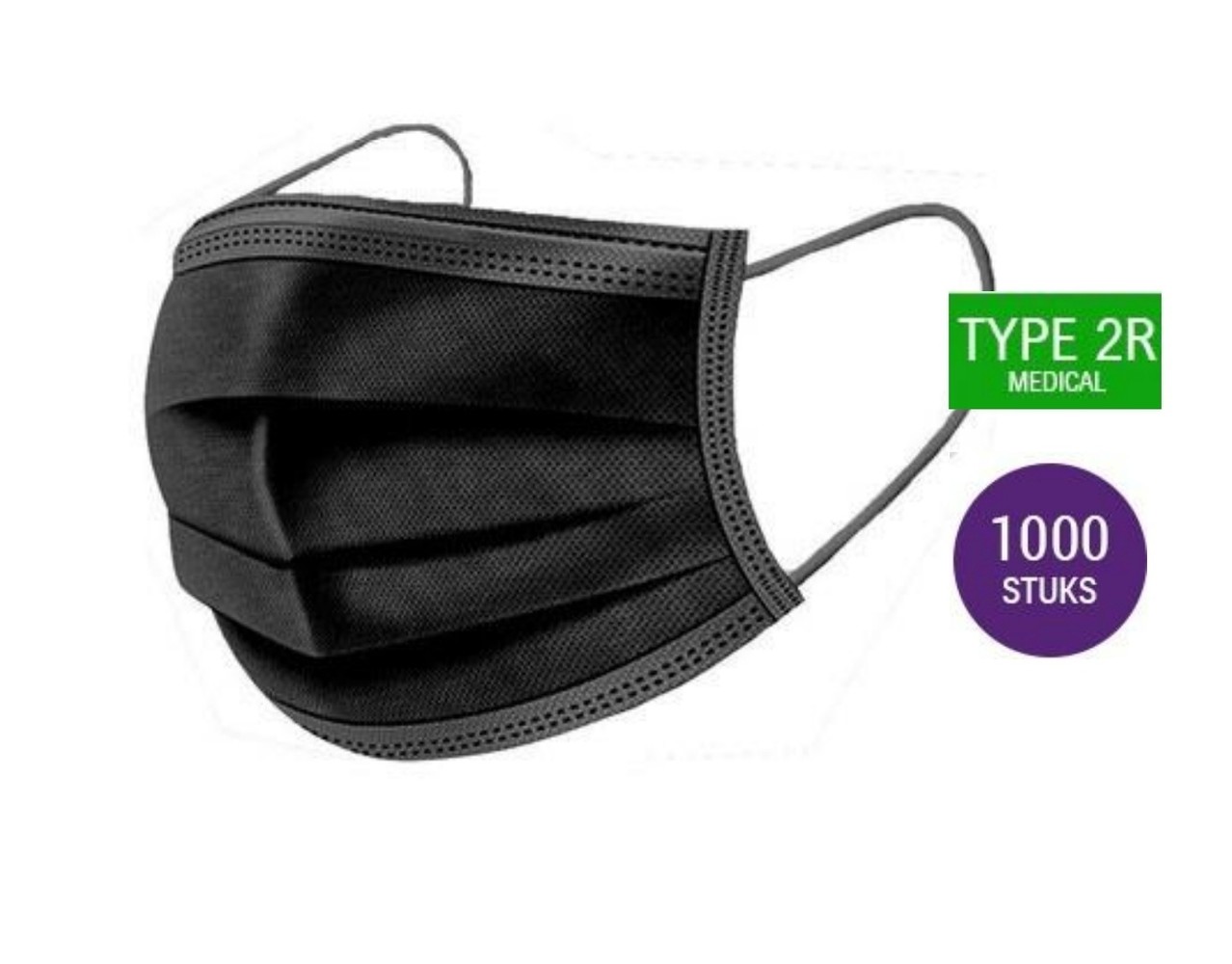 Stock Aanbieding Zwarte Medische Mondkapje Type 2R - 1000  Stuks - Waterafstotende Mondmasker