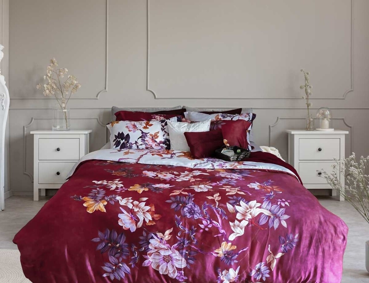 Stock Cotton Satin Duvet Cover Floral Vine Red & White - Lits Jumeaux Duvet Cover