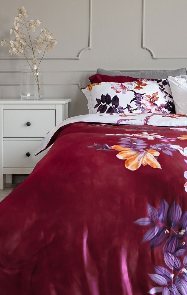 Stock Cotton Satin Duvet Cover Floral Vine Red & White - Lits Jumeaux Duvet Cover