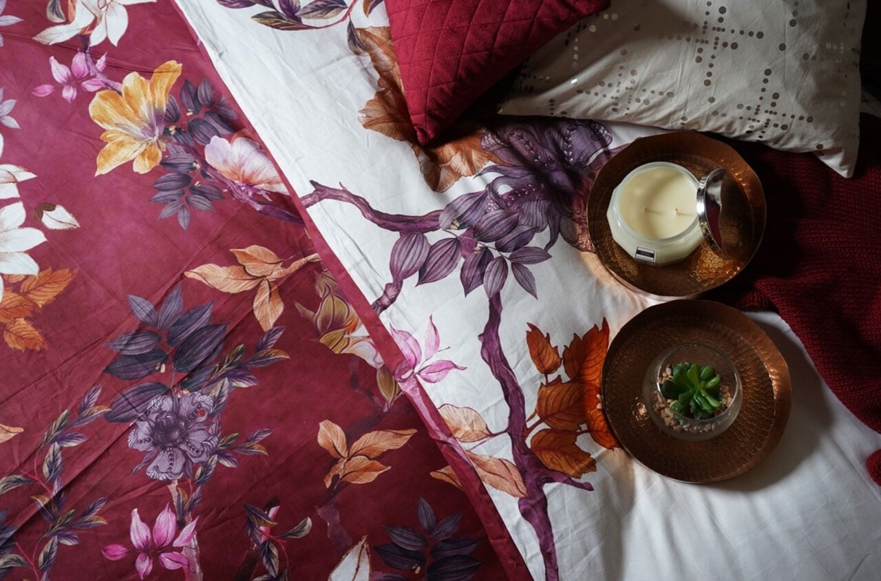 Stock Cotton Satin Duvet Cover Floral Vine Red & White - Lits Jumeaux Duvet Cover