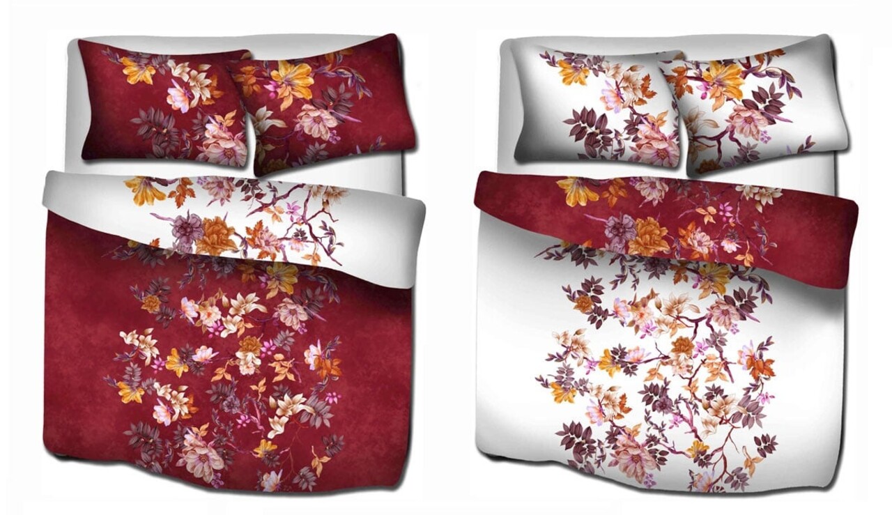 Stock Cotton Satin Duvet Cover Floral Vine Red & White - Lits Jumeaux Duvet Cover