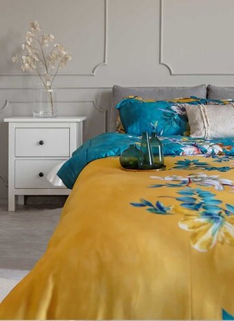 Stock Cotton Satin Duvet Cover Floral Vine Yellow & Blue - Lits Jumeaux Duvet Cover