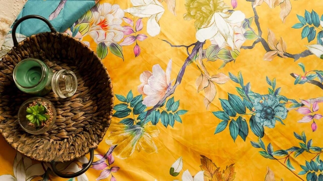 Stock Cotton Satin Duvet Cover Floral Vine Yellow & Blue - Lits Jumeaux Duvet Cover