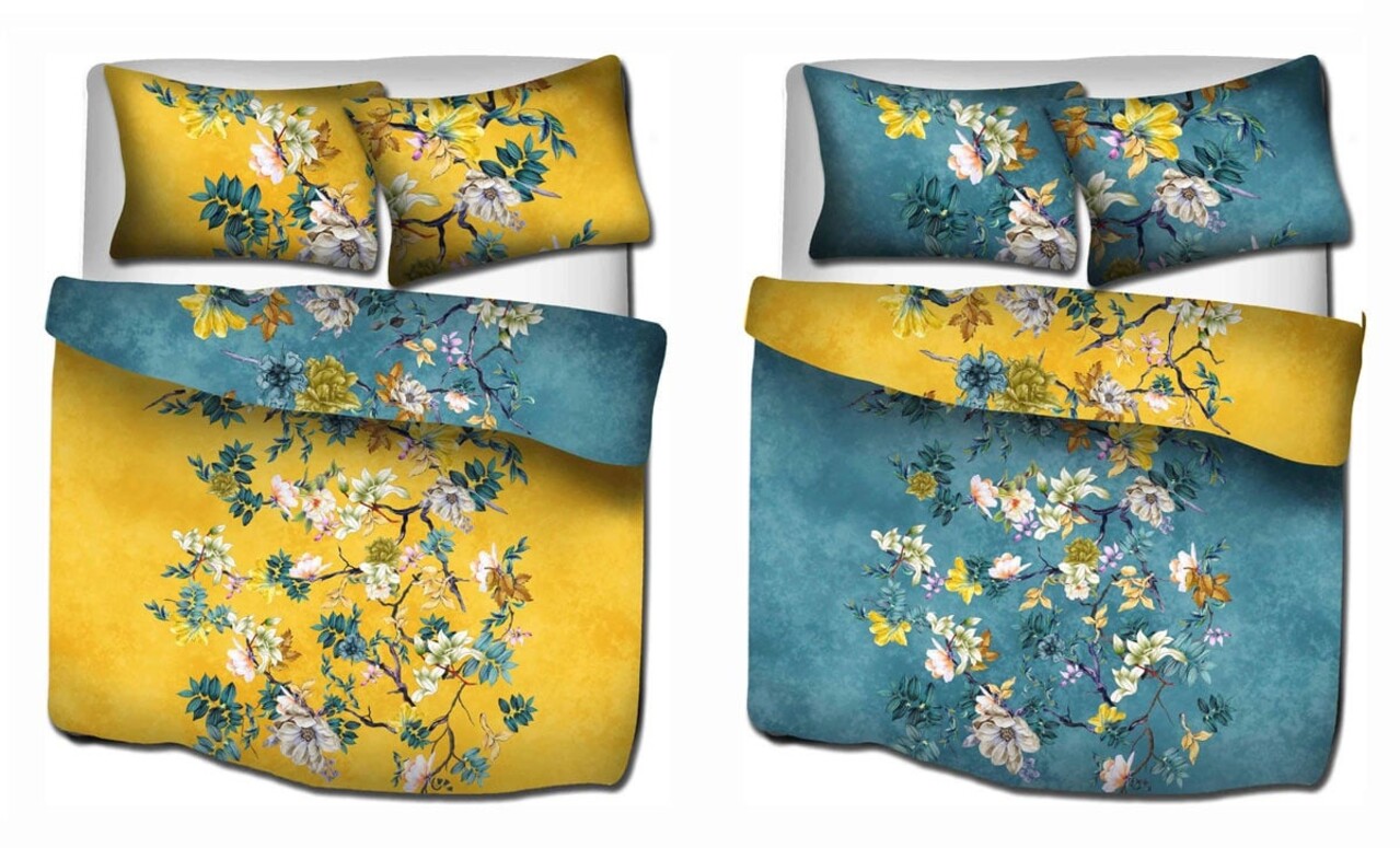 Stock Cotton Satin Duvet Cover Floral Vine Yellow & Blue - Lits Jumeaux Duvet Cover
