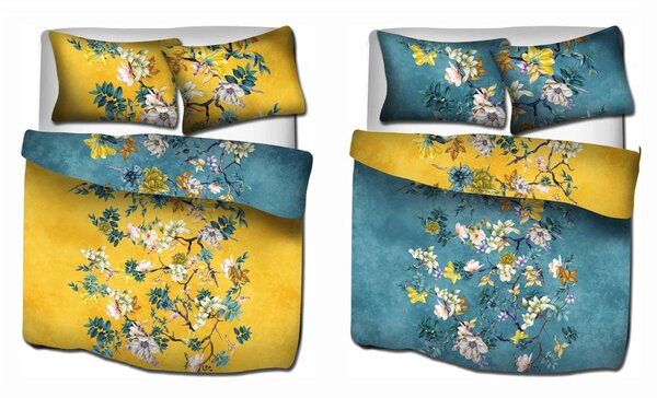 Stock Cotton Satin Duvet Cover Floral Vine Yellow & Blue - Lits Jumeaux Duvet Cover