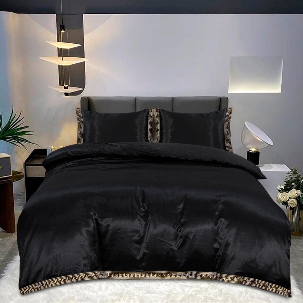 Beauty Silk Shiny Satin Duvet Cover with Lace - Black