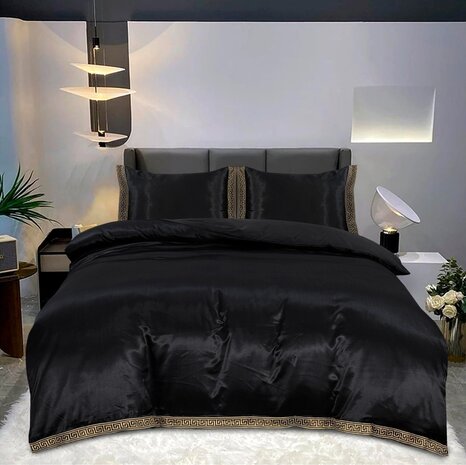 Beauty Silk Glänzender Satin-Bettbezug mit Spitze - Schwarz Beauty Silk Glänzender Satin-Bettbezug mit Spitze - Schwarz