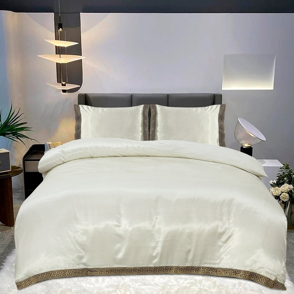 Beauty Silk Glänzender Satin-Bettbezug mit Spitze - Off White