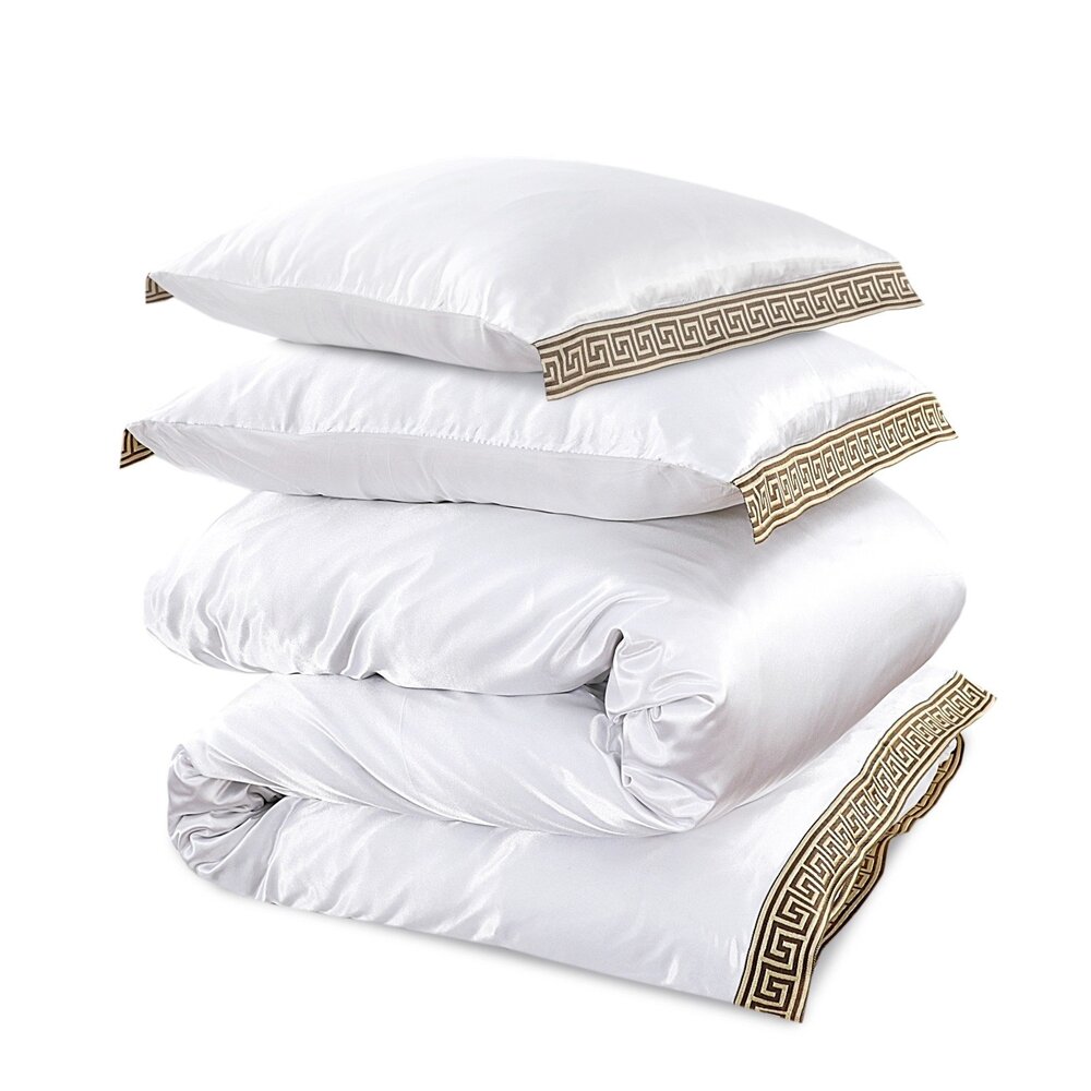 Beauty Silk Shiny Satin Duvet Cover with Lace - White