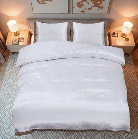 Beauty Silk Shiny Satin Duvet Cover with Lace - White