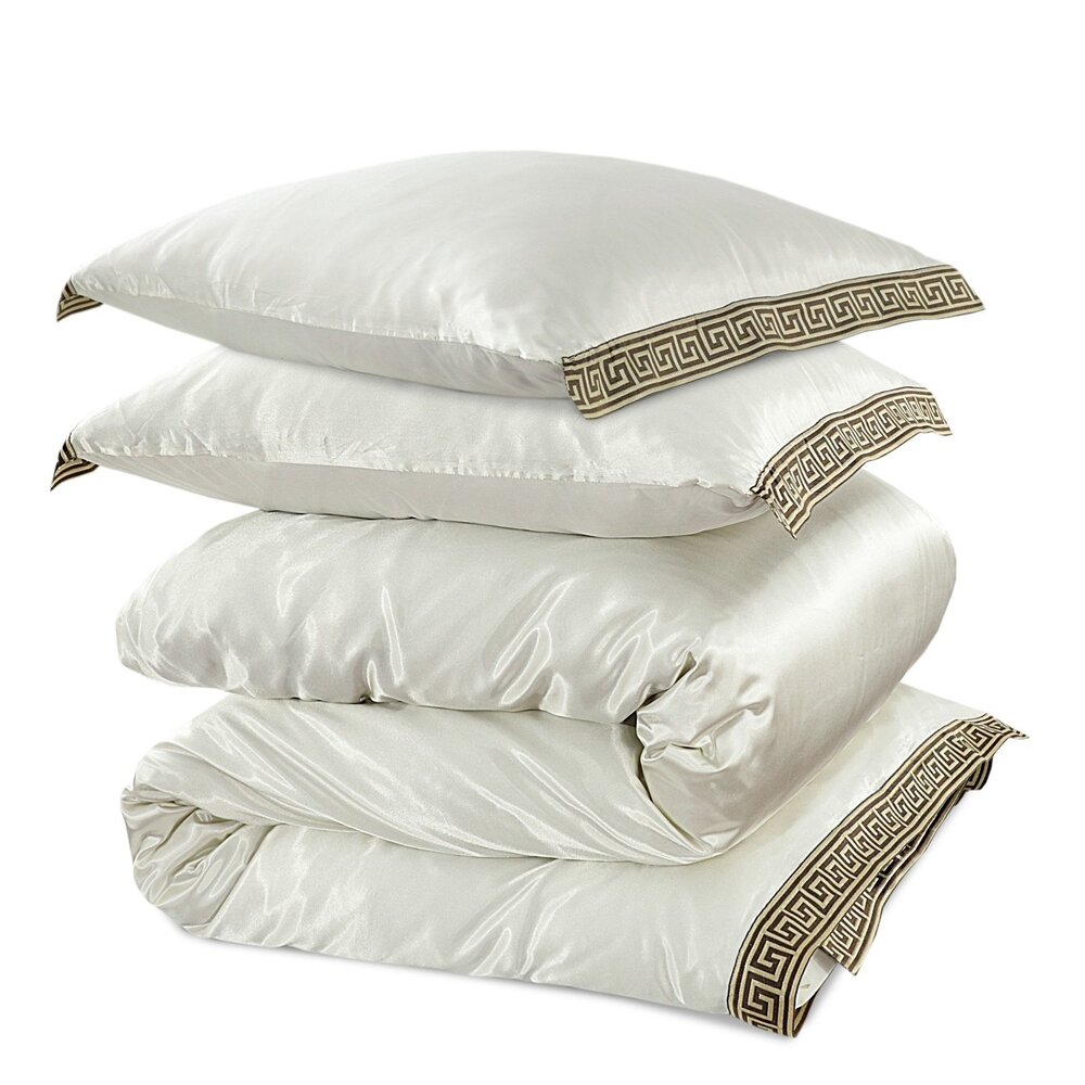 Beauty Silk Glänzender Satin-Bettbezug mit Spitze - Off White