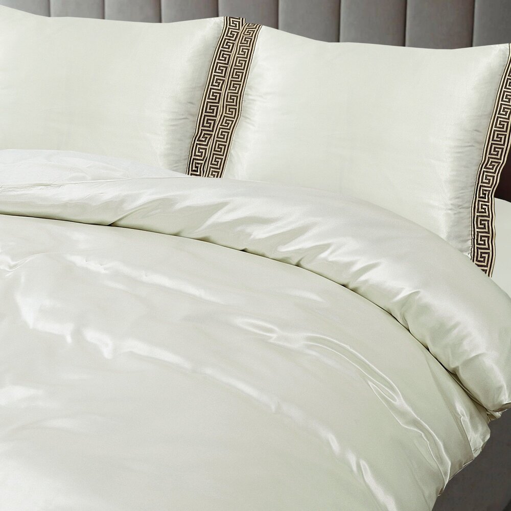 Beauty Silk Glänzender Satin-Bettbezug mit Spitze - Off White