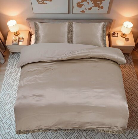 Beauty Silk Glänzender Satin-Bettbezug mit Spitze - Taupe